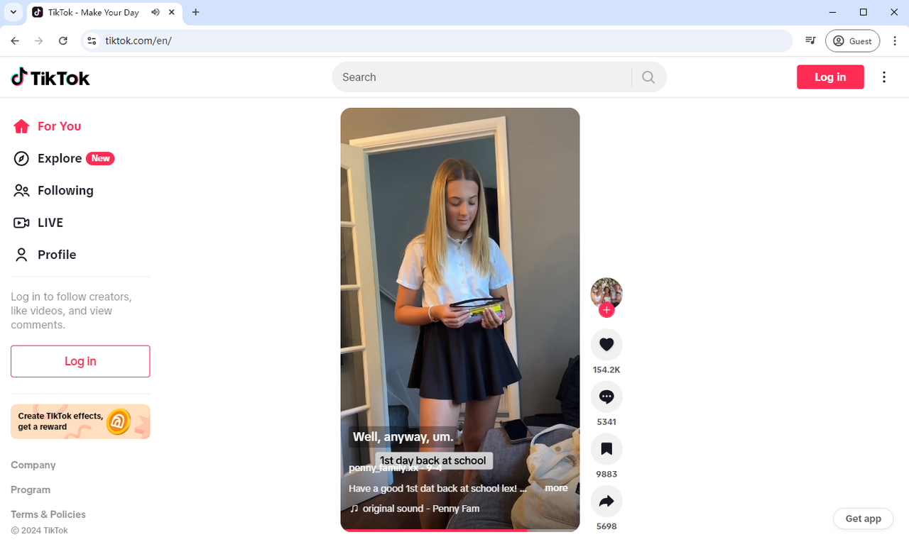 Page d'accueil de TikTok