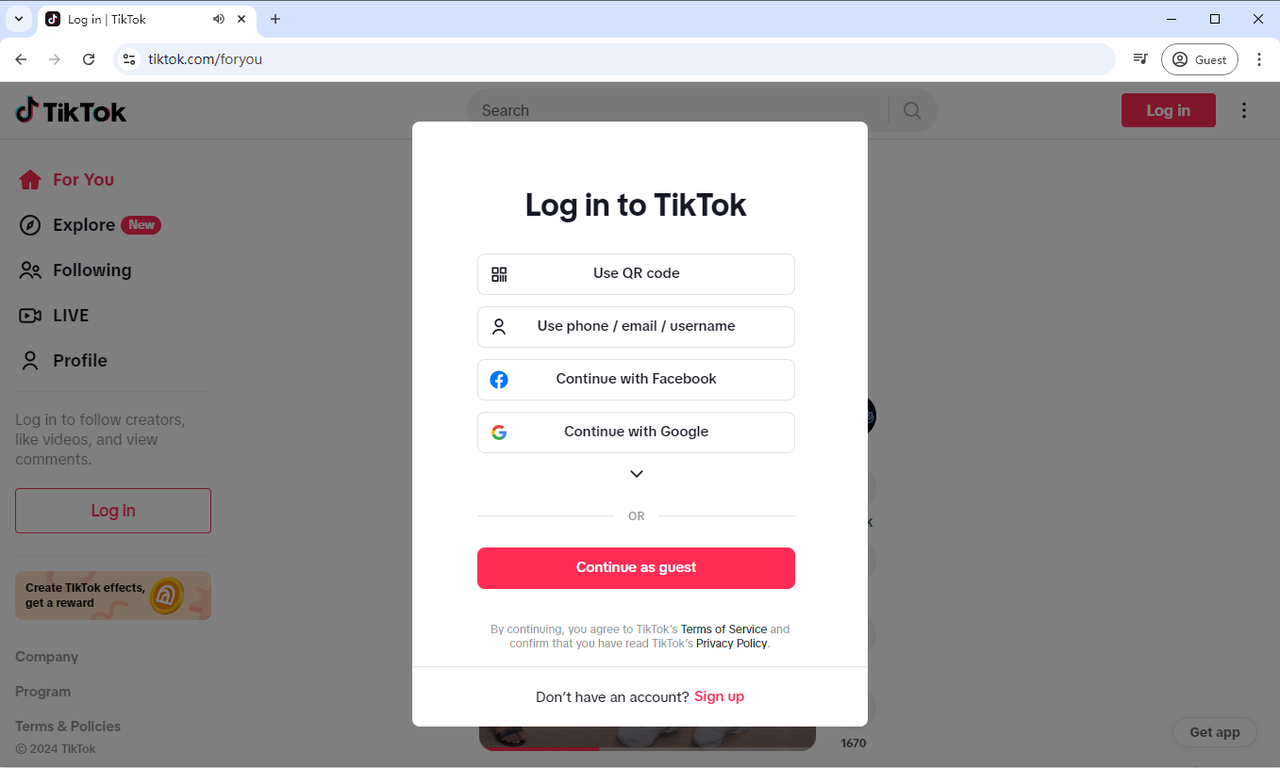 Log in to TikTok